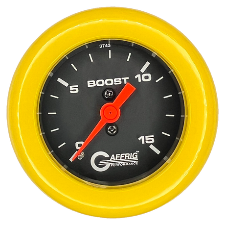 GAFFRIG 2 INCH MECHANICAL BOOST GAUGE 0-15 PSI FAT RIM (218) / YELLOW / BLACK