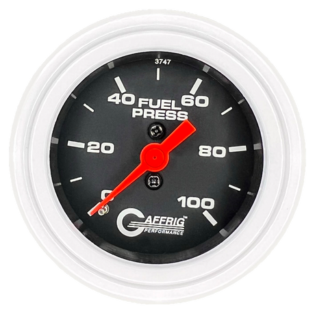 GAFFRIG 2 INCH MECHANICAL FUEL PRESSURE 0-100 PSI GAUGE STEP RIM (002) / WHITE / BLACK