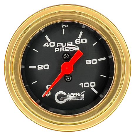 GAFFRIG 2 INCH MECHANICAL FUEL PRESSURE 0-100 PSI GAUGE STEP RIM (002) / GOLD / BLACK