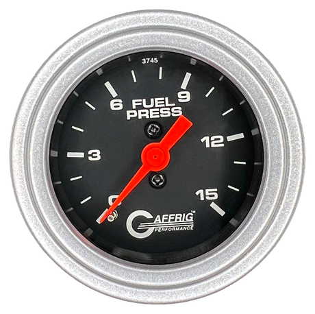 GAFFRIG 2 INCH MECHANICAL FUEL PRESSURE 0-015 PSI GAUGE STEP RIM (002) / PLATINUM / BLACK