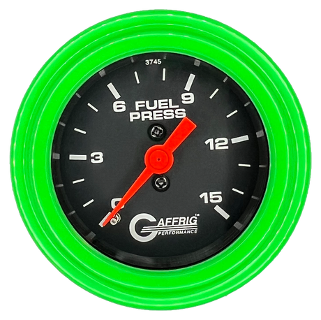 GAFFRIG 2 INCH MECHANICAL FUEL PRESSURE 0-015 PSI GAUGE STEP RIM (002) / LIME GREEN / BLACK