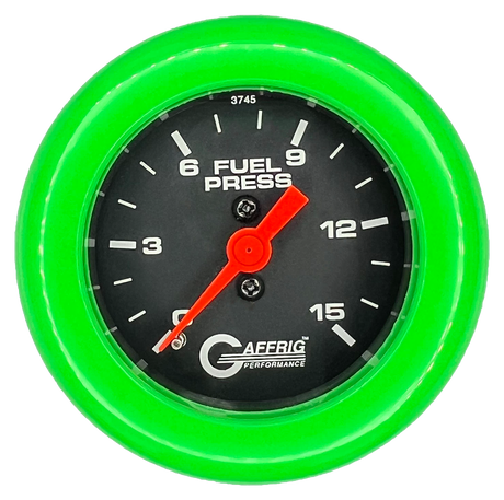 GAFFRIG 2 INCH MECHANICAL FUEL PRESSURE 0-015 PSI GAUGE FAT RIM (218) / LIME GREEN / BLACK