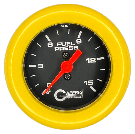 GAFFRIG 2 INCH MECHANICAL FUEL PRESSURE 0-015 PSI GAUGE FAT RIM (218) / YELLOW / BLACK