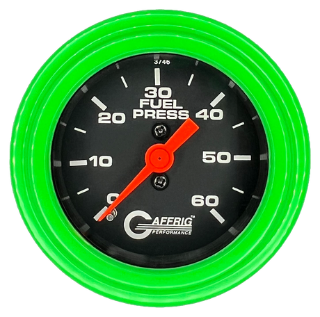 GAFFRIG 2 INCH MECHANICAL FUEL PRESSURE GAUGE 0-60 PSI GAUGE STEP RIM (002) / LIME GREEN / BLACK