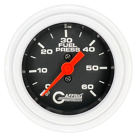 GAFFRIG 2 INCH MECHANICAL FUEL PRESSURE GAUGE 0-60 PSI GAUGE STEP RIM (002) / WHITE / BLACK