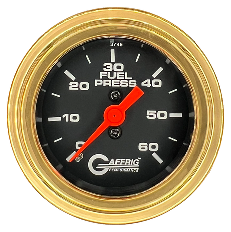 GAFFRIG 2 INCH MECHANICAL FUEL PRESSURE GAUGE 0-60 PSI GAUGE STEP RIM (002) / GOLD / BLACK