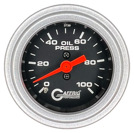 GAFFRIG 2 INCH MECHANICAL OIL PRESSURE 0-100 PSI GAUGE STEP RIM (002) / PLATINUM / BLACK