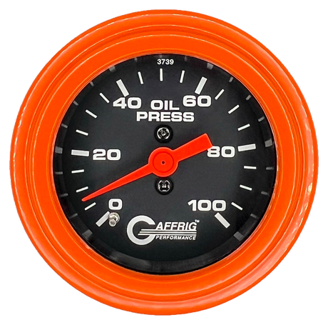 GAFFRIG 2 INCH MECHANICAL OIL PRESSURE 0-100 PSI GAUGE STEP RIM (002) / ORANGE / BLACK