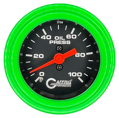 GAFFRIG 2 INCH MECHANICAL OIL PRESSURE 0-100 PSI GAUGE STEP RIM (002) / LIME GREEN / BLACK