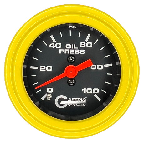 GAFFRIG 2 INCH MECHANICAL OIL PRESSURE 0-100 PSI GAUGE STEP RIM (002) / YELLOW / BLACK