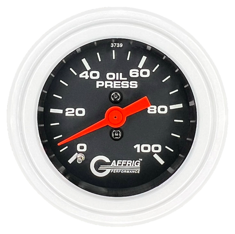 GAFFRIG 2 INCH MECHANICAL OIL PRESSURE 0-100 PSI GAUGE STEP RIM (002) / WHITE / BLACK