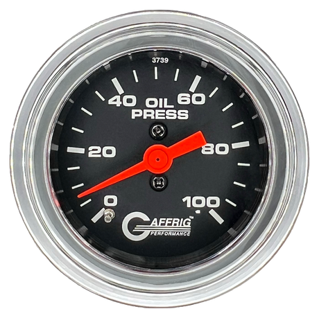 GAFFRIG 2 INCH MECHANICAL OIL PRESSURE 0-100 PSI GAUGE STEP RIM (002) / CHROME/POLISHED / BLACK