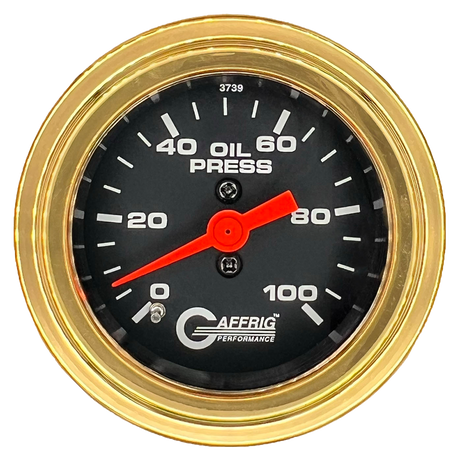 GAFFRIG 2 INCH MECHANICAL OIL PRESSURE 0-100 PSI GAUGE STEP RIM (002) / GOLD / BLACK