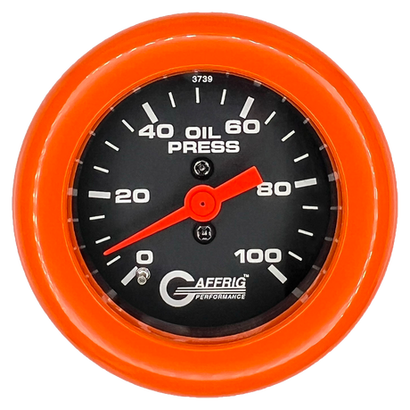 GAFFRIG 2 INCH MECHANICAL OIL PRESSURE 0-100 PSI GAUGE FAT RIM (218) / ORANGE / BLACK