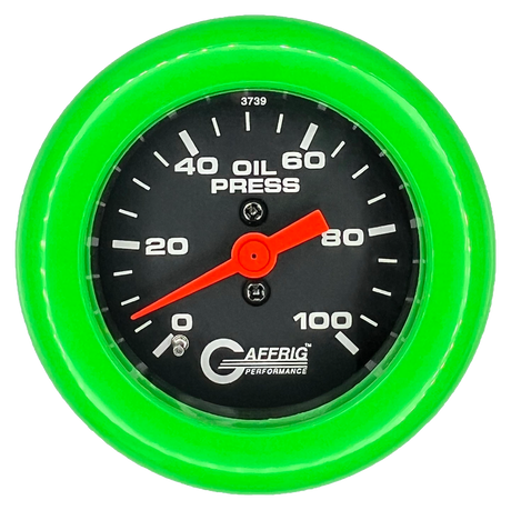 GAFFRIG 2 INCH MECHANICAL OIL PRESSURE 0-100 PSI GAUGE FAT RIM (218) / LIME GREEN / BLACK