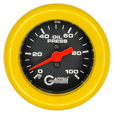 GAFFRIG 2 INCH MECHANICAL OIL PRESSURE 0-100 PSI GAUGE FAT RIM (218) / YELLOW / BLACK