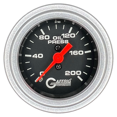 GAFFRIG 2 INCH MECHANICAL OIL PRESSURE 0-200 PSI GAUGE STEP RIM (002) / PLATINUM / BLACK