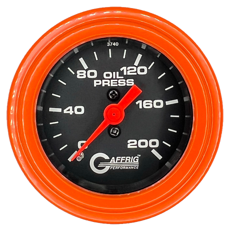 GAFFRIG 2 INCH MECHANICAL OIL PRESSURE 0-200 PSI GAUGE STEP RIM (002) / ORANGE / BLACK