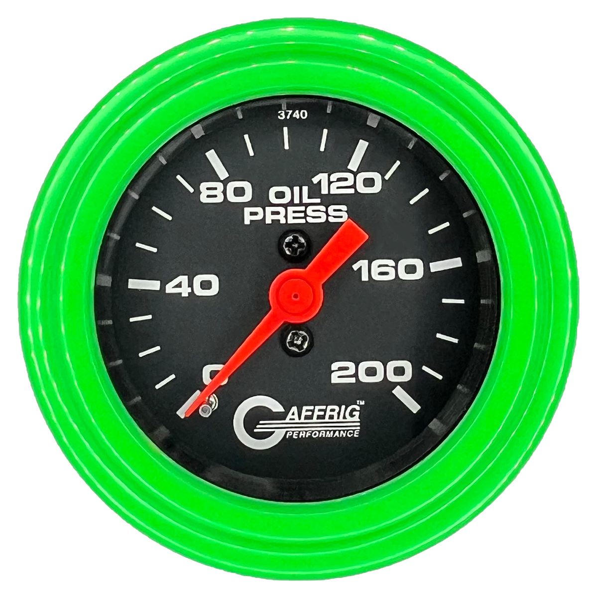 GAFFRIG 2 INCH MECHANICAL OIL PRESSURE 0-200 PSI GAUGE STEP RIM (002) / LIME GREEN / BLACK