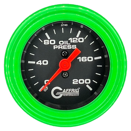 GAFFRIG 2 INCH MECHANICAL OIL PRESSURE 0-200 PSI GAUGE STEP RIM (002) / LIME GREEN / BLACK