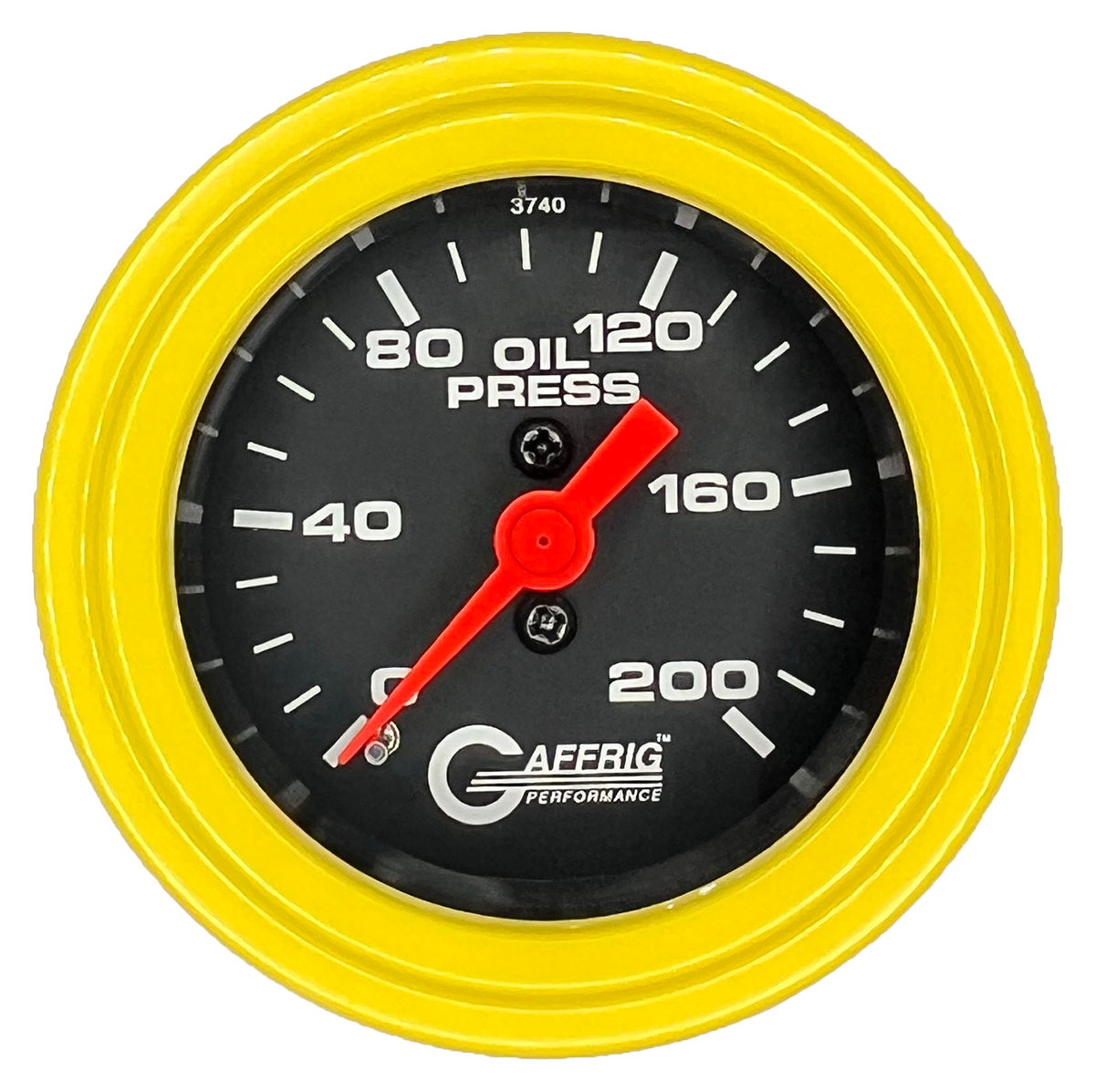 GAFFRIG 2 INCH MECHANICAL OIL PRESSURE 0-200 PSI GAUGE STEP RIM (002) / YELLOW / BLACK