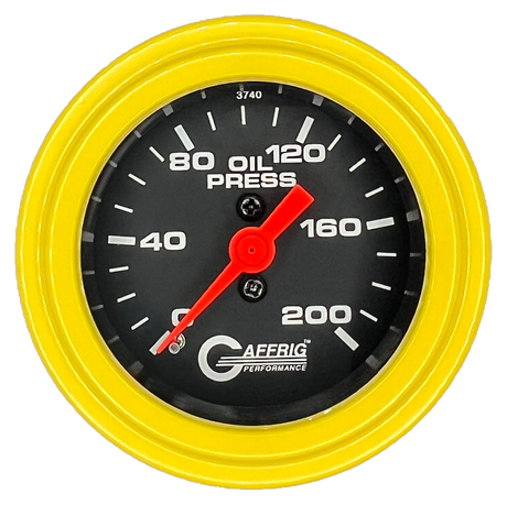 GAFFRIG 2 INCH MECHANICAL OIL PRESSURE 0-200 PSI GAUGE STEP RIM (002) / YELLOW / BLACK