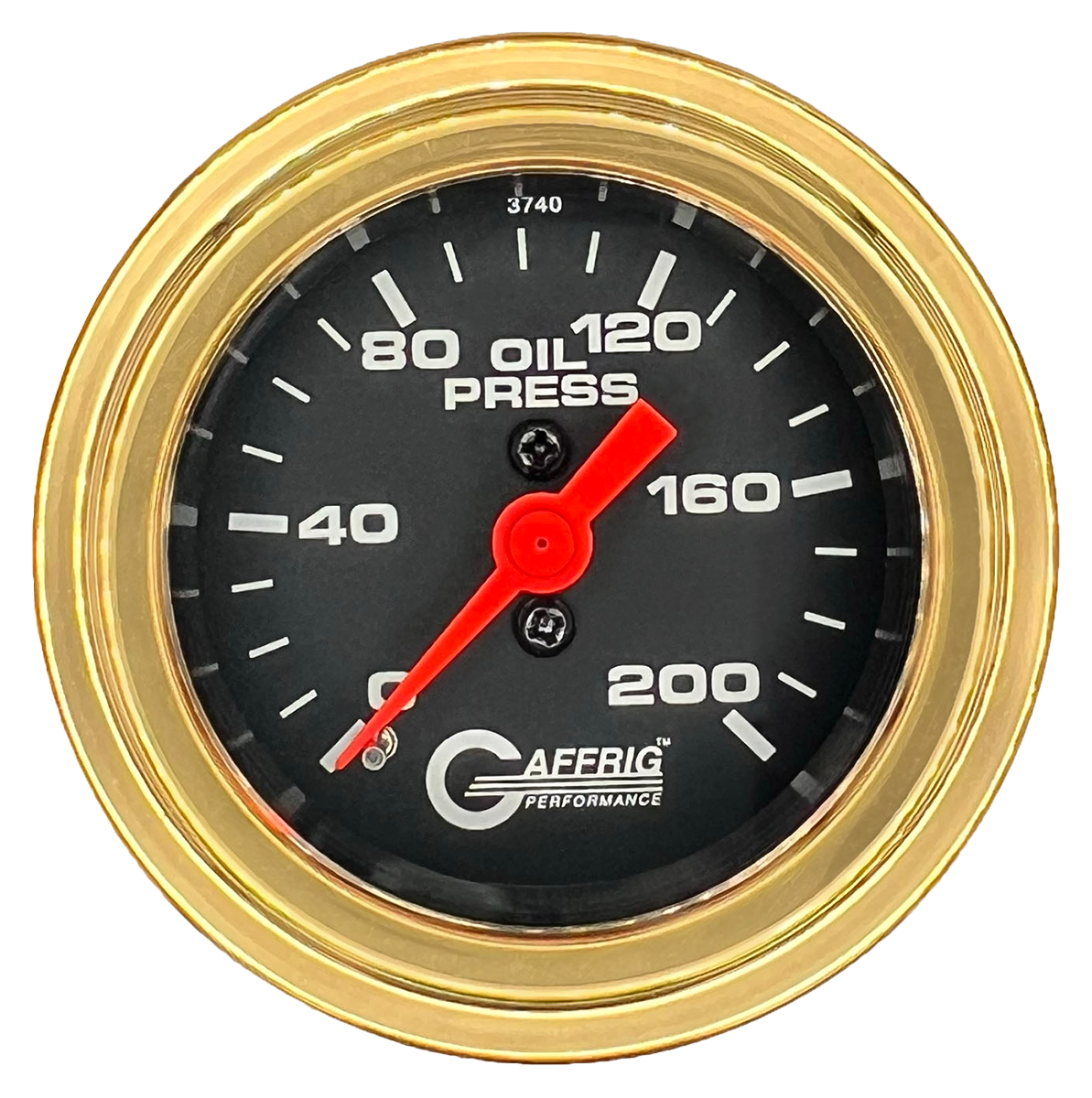 GAFFRIG 2 INCH MECHANICAL OIL PRESSURE 0-200 PSI GAUGE STEP RIM (002) / GOLD / BLACK