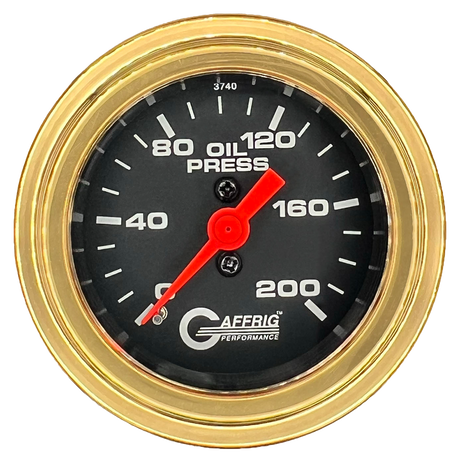 GAFFRIG 2 INCH MECHANICAL OIL PRESSURE 0-200 PSI GAUGE STEP RIM (002) / GOLD / BLACK