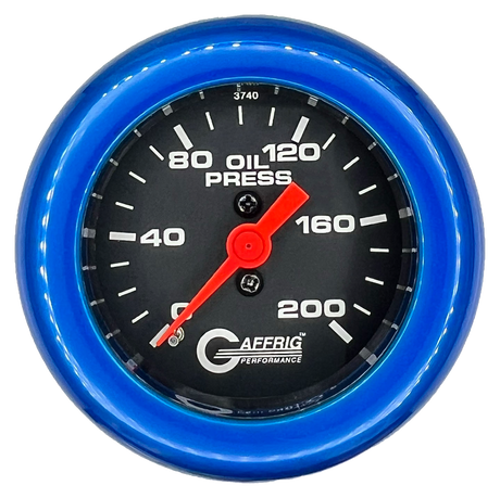 GAFFRIG 2 INCH MECHANICAL OIL PRESSURE 0-200 PSI GAUGE FAT RIM (218) / BLUE / BLACK