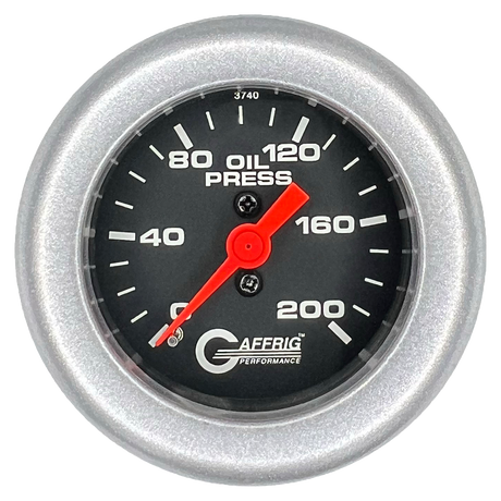 GAFFRIG 2 INCH MECHANICAL OIL PRESSURE 0-200 PSI GAUGE FAT RIM (218) / PLATINUM / BLACK