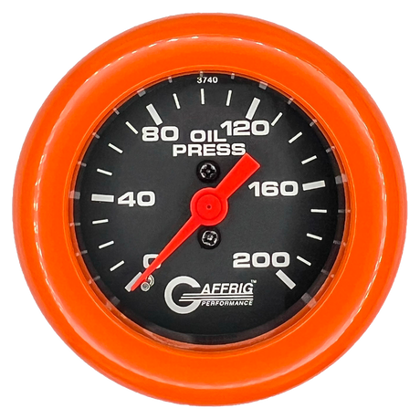 GAFFRIG 2 INCH MECHANICAL OIL PRESSURE 0-200 PSI GAUGE FAT RIM (218) / ORANGE / BLACK