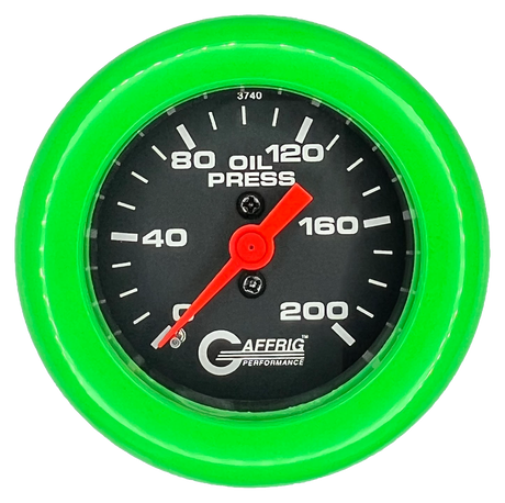 GAFFRIG 2 INCH MECHANICAL OIL PRESSURE 0-200 PSI GAUGE FAT RIM (218) / LIME GREEN / BLACK