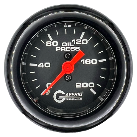 GAFFRIG 2 INCH MECHANICAL OIL PRESSURE 0-200 PSI GAUGE FAT RIM (218) / BLACK / BLACK