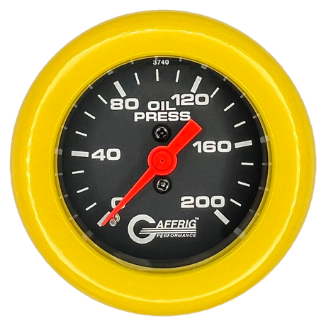 GAFFRIG 2 INCH MECHANICAL OIL PRESSURE 0-200 PSI GAUGE FAT RIM (218) / YELLOW / BLACK