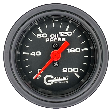 GAFFRIG 2 INCH MECHANICAL OIL PRESSURE 0-200 PSI GAUGE STEP RIM (002) / BLACK / BLACK