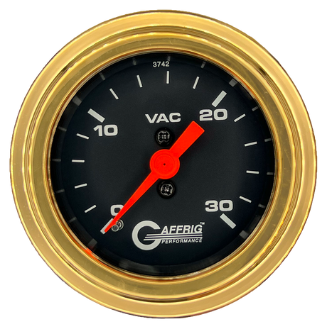 GAFFRIG 2 INCH MECHANICAL VACUUM 0-30 HG GAUGE STEP RIM (002) / GOLD / BLACK