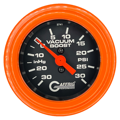 GAFFRIG 2 INCH MECHANICAL VACUUM 0-30HG/BOOST 0-30PSI GAUGE STEP RIM (002) / ORANGE / BLACK