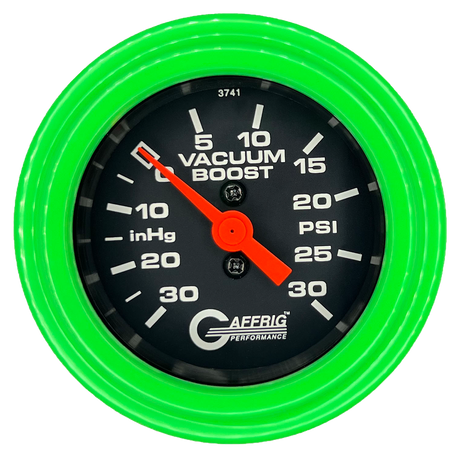 GAFFRIG 2 INCH MECHANICAL VACUUM 0-30HG/BOOST 0-30PSI GAUGE STEP RIM (002) / LIME GREEN / BLACK