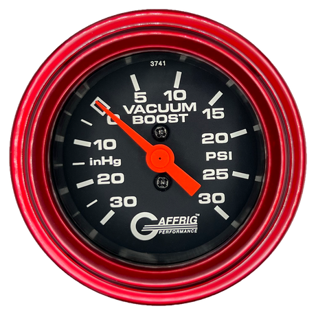 GAFFRIG 2 INCH MECHANICAL VACUUM 0-30HG/BOOST 0-30PSI GAUGE STEP RIM (002) / RED / BLACK