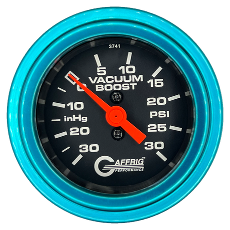 GAFFRIG 2 INCH MECHANICAL VACUUM 0-30HG/BOOST 0-30PSI GAUGE STEP RIM (002) / TEAL / BLACK