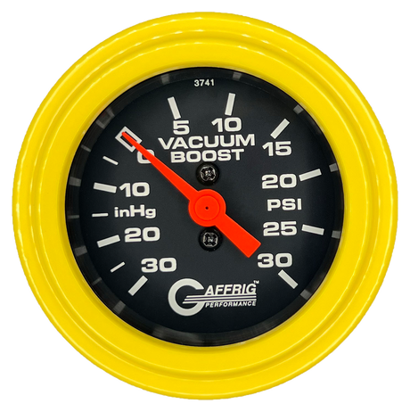 GAFFRIG 2 INCH MECHANICAL VACUUM 0-30HG/BOOST 0-30PSI GAUGE STEP RIM (002) / YELLOW / BLACK