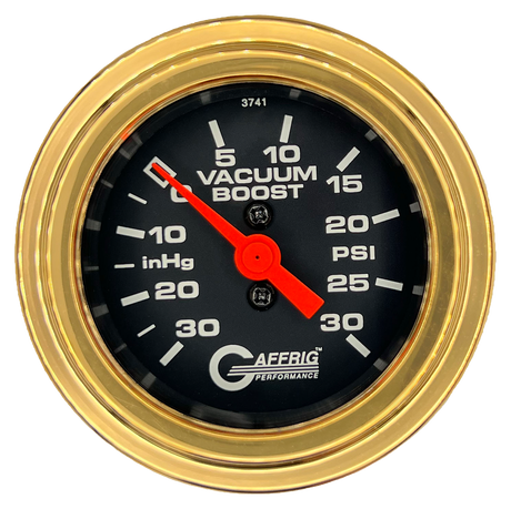 GAFFRIG 2 INCH MECHANICAL VACUUM 0-30HG/BOOST 0-30PSI GAUGE STEP RIM (002) / GOLD / BLACK