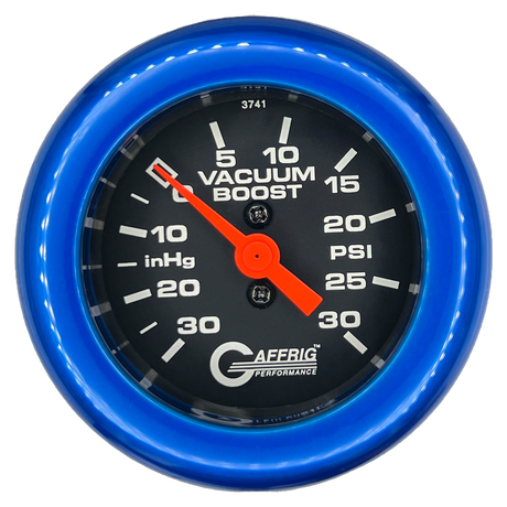 GAFFRIG 2 INCH MECHANICAL VACUUM 0-30HG/BOOST 0-30PSI GAUGE FAT RIM (218) / BLUE / BLACK