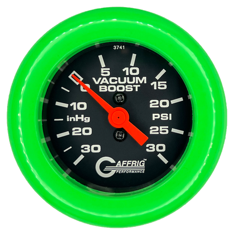 GAFFRIG 2 INCH MECHANICAL VACUUM 0-30HG/BOOST 0-30PSI GAUGE FAT RIM (218) / LIME GREEN / BLACK