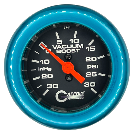 GAFFRIG 2 INCH MECHANICAL VACUUM 0-30HG/BOOST 0-30PSI GAUGE FAT RIM (218) / TEAL / BLACK