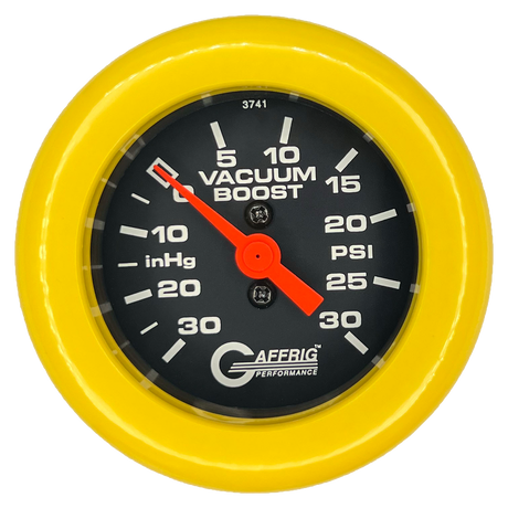 GAFFRIG 2 INCH MECHANICAL VACUUM 0-30HG/BOOST 0-30PSI GAUGE FAT RIM (218) / YELLOW / BLACK