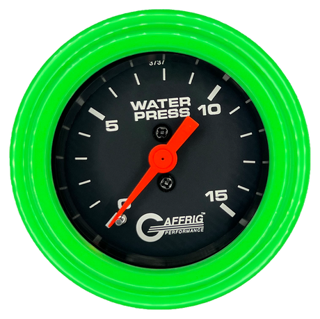 GAFFRIG 2 INCH MECHANICAL WATER PRESSURE 0-15 PSI GAUGE STEP RIM (002) / LIME GREEN / BLACK