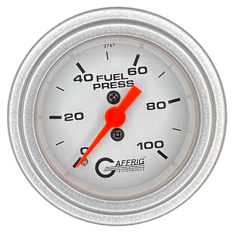 GAFFRIG 2 INCH MECHANICAL FUEL PRESSURE 0-100 PSI GAUGE STEP RIM (002) / PLATINUM / WHITE