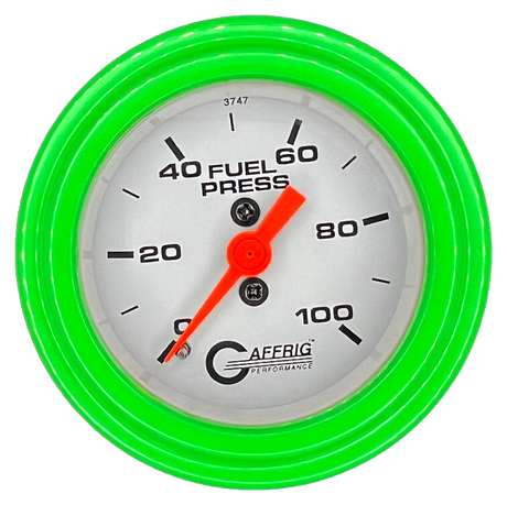 GAFFRIG 2 INCH MECHANICAL FUEL PRESSURE 0-100 PSI GAUGE STEP RIM (002) / LIME GREEN / WHITE