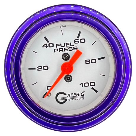 GAFFRIG 2 INCH MECHANICAL FUEL PRESSURE 0-100 PSI GAUGE STEP RIM (002) / PURPLE / WHITE